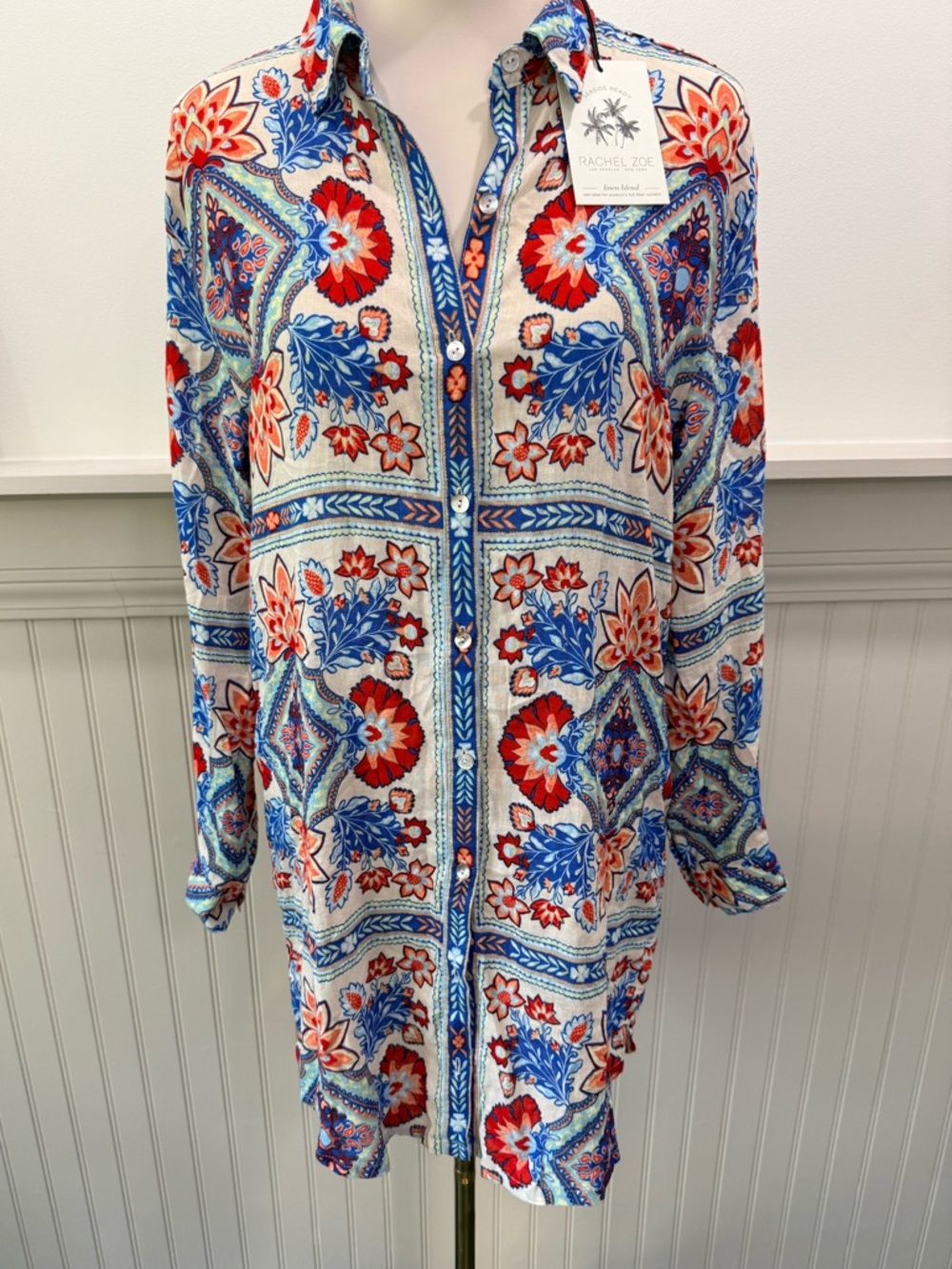 Rachel Zoe Floral Paisley Linen Blend Swim Coverup in Blue, Red, White - Picture 2 of 6